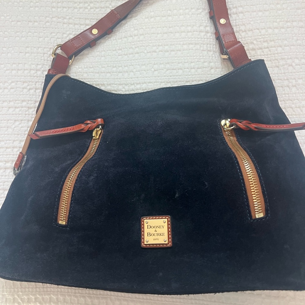 Dooney & Bourke Black Suede Shoulder Bag with Brown Accents